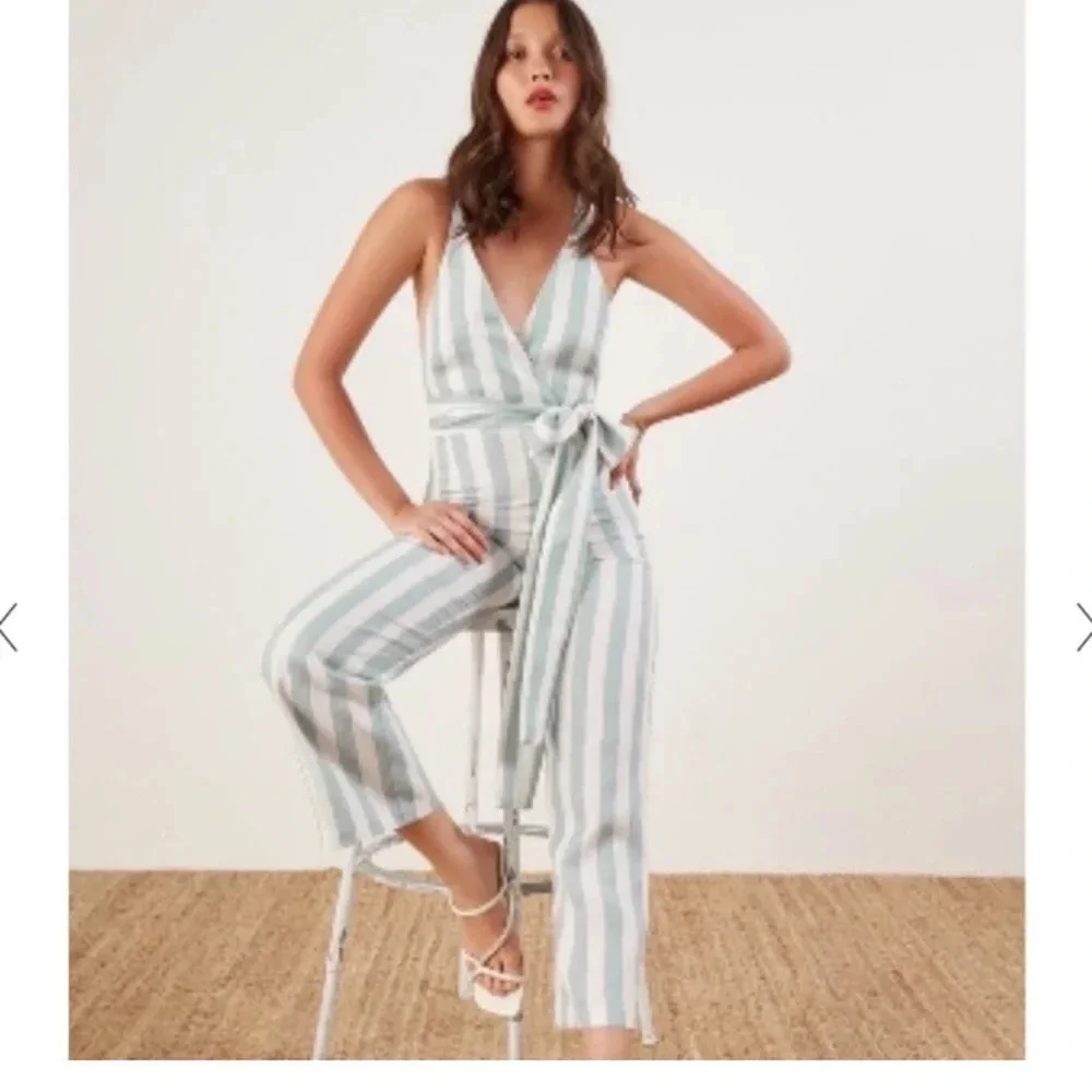 Reformation Dani 100% Linen Striped Jumpsuit In Baltic Size 0